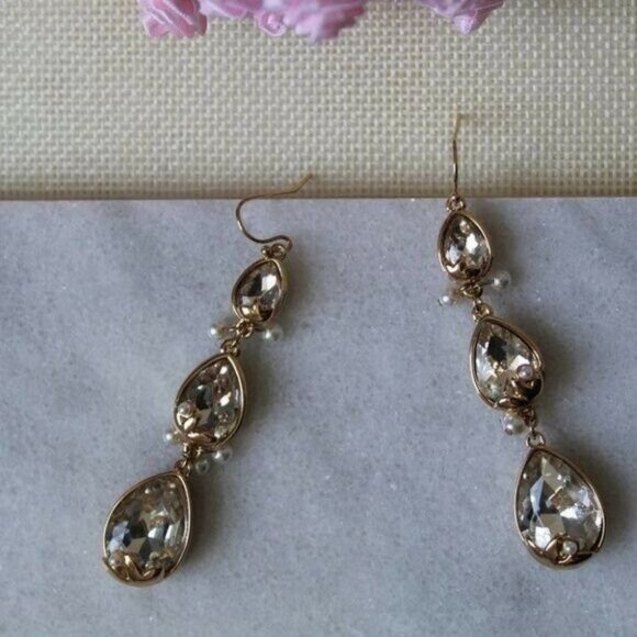 Gold-Tone Crystal & Imitation Pearl Triple Drop Earrings - Picture 2 of 7